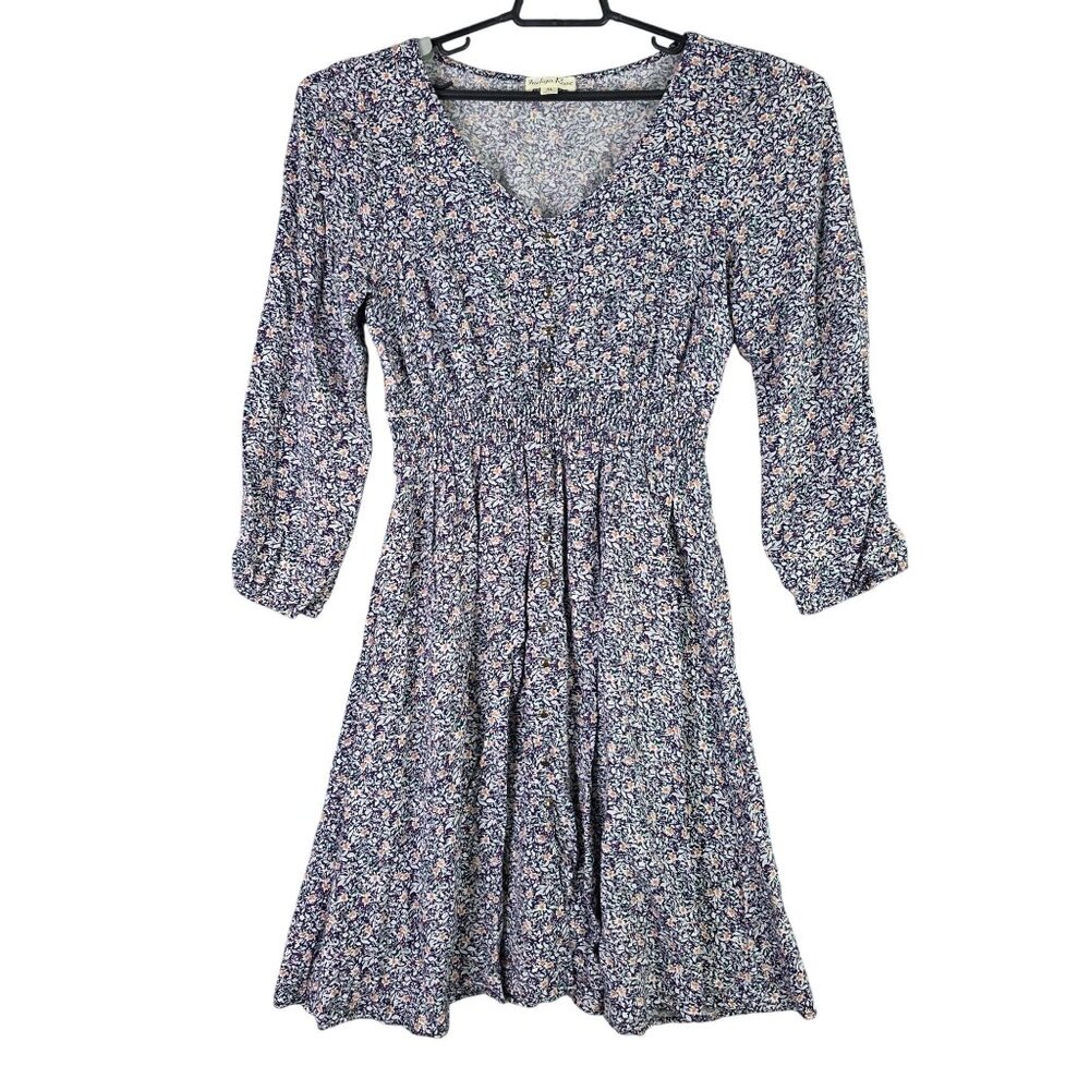 Womens Indigo Rose Multicolor Floral Dress V Neck Long Sleeve 100% Rayon Size XL